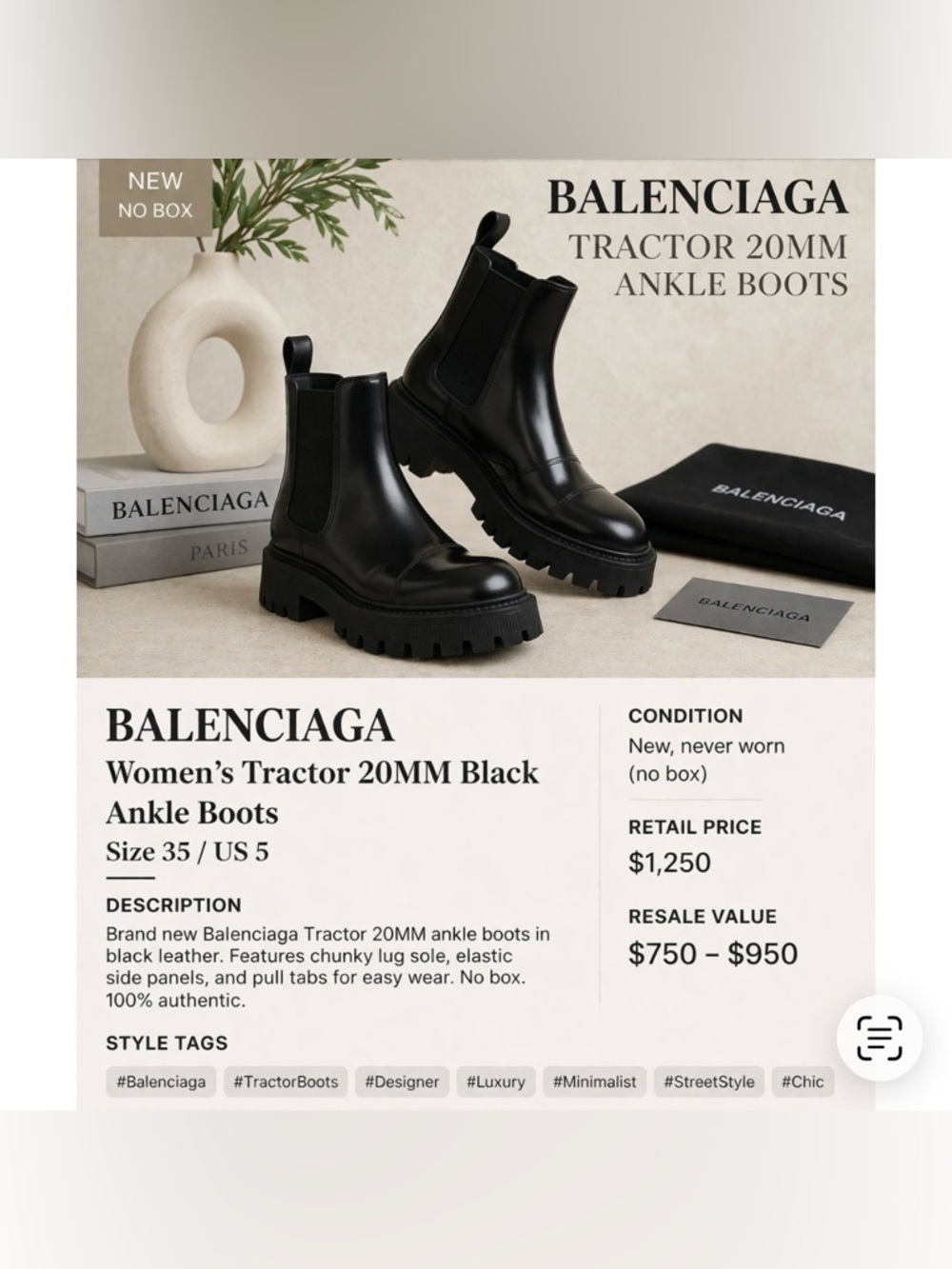 Balenciaga Tractor 20MM Black Leather Ankle Boots Size 35 (US 5) NWOB